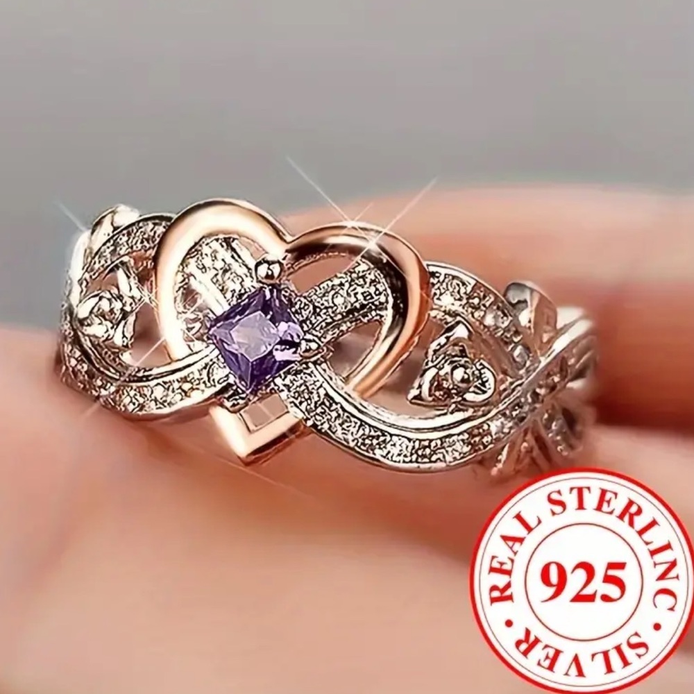 925 stamped Sterling Silver Heart Ring with Purple Stone NWT